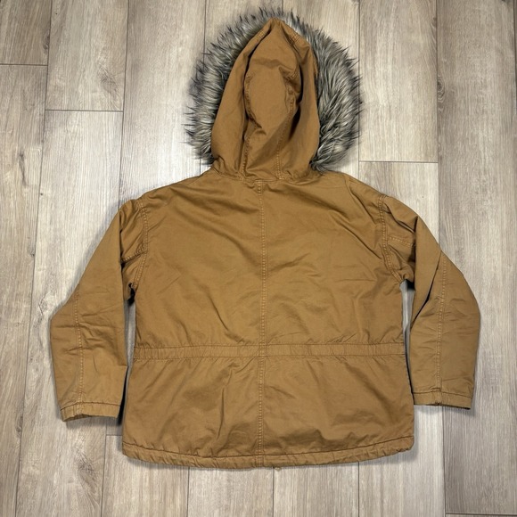 American Eagle Overcoat Jacket Womens Medium M Khaki Brown Fur Hood Flap Pockets - Picture 7 of 8